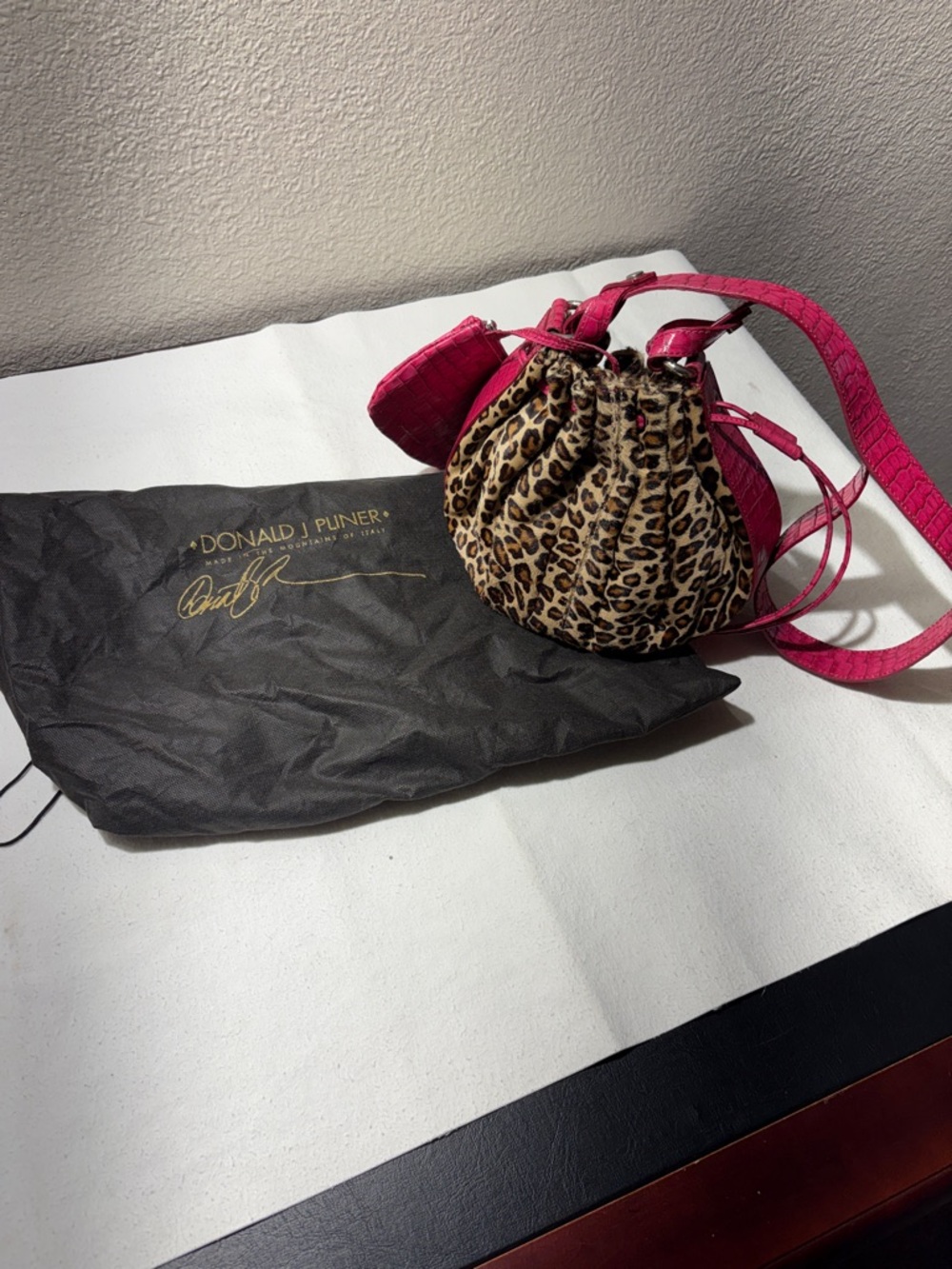 Donald J. Pliner Pink Leopard Drawstring Mini Crossbody